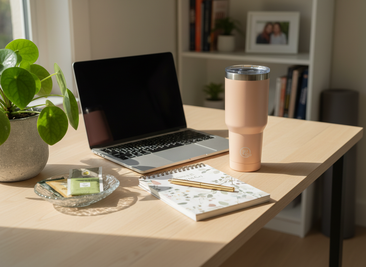 A clean, sunlit home office desk styled for a wellness entrepreneur in photographic realism. A slim laptop sits slightly open on a pale birch desktop, next to a tall insulated stainless-steel water tumbler with a pastel matte finish and a subtle logo. Nearby, a neatly arranged planner, a gold-tone pen, and a small glass dish of herbal tea bags create a sense of intentional productivity. A thriving leafy plant in a stone-textured pot frames one side of the composition. Soft, diffused daylight enters from the left, casting gentle shadows and highlighting the textures of paper, metal, and ceramic. Captured at eye level with a shallow depth of field, the scene feels calm, focused, and aspirational, reflecting the blend of home-based business and family wellness.