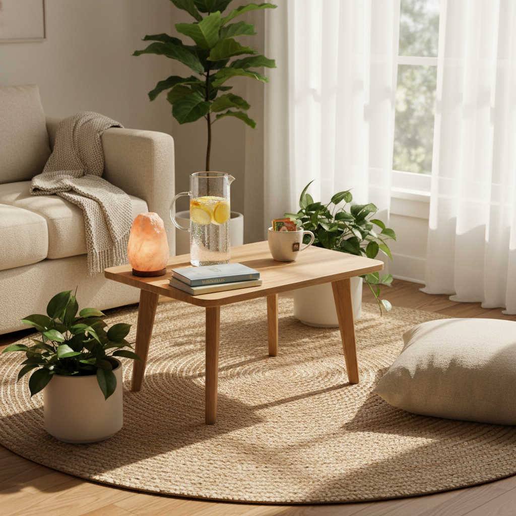 A cozy living room wellness corner in photographic realism, centered on a low, natural wood coffee table topped with an organized array of wellness essentials. A sleek glass pitcher filled with sparkling water and floating citrus slices stands beside a softly glowing Himalayan salt lamp and a small stack of linen-bound wellness journals. The table is positioned on a textured jute rug, with lush green houseplants in matte white planters placed around the space. Warm afternoon light filters through sheer curtains, creating dappled patterns on the floor and a serene, nurturing atmosphere. Shot from a slightly elevated angle using the rule of thirds, the composition emphasizes balance, comfort, and a sense of abundant, home-based wellness and financial freedom.