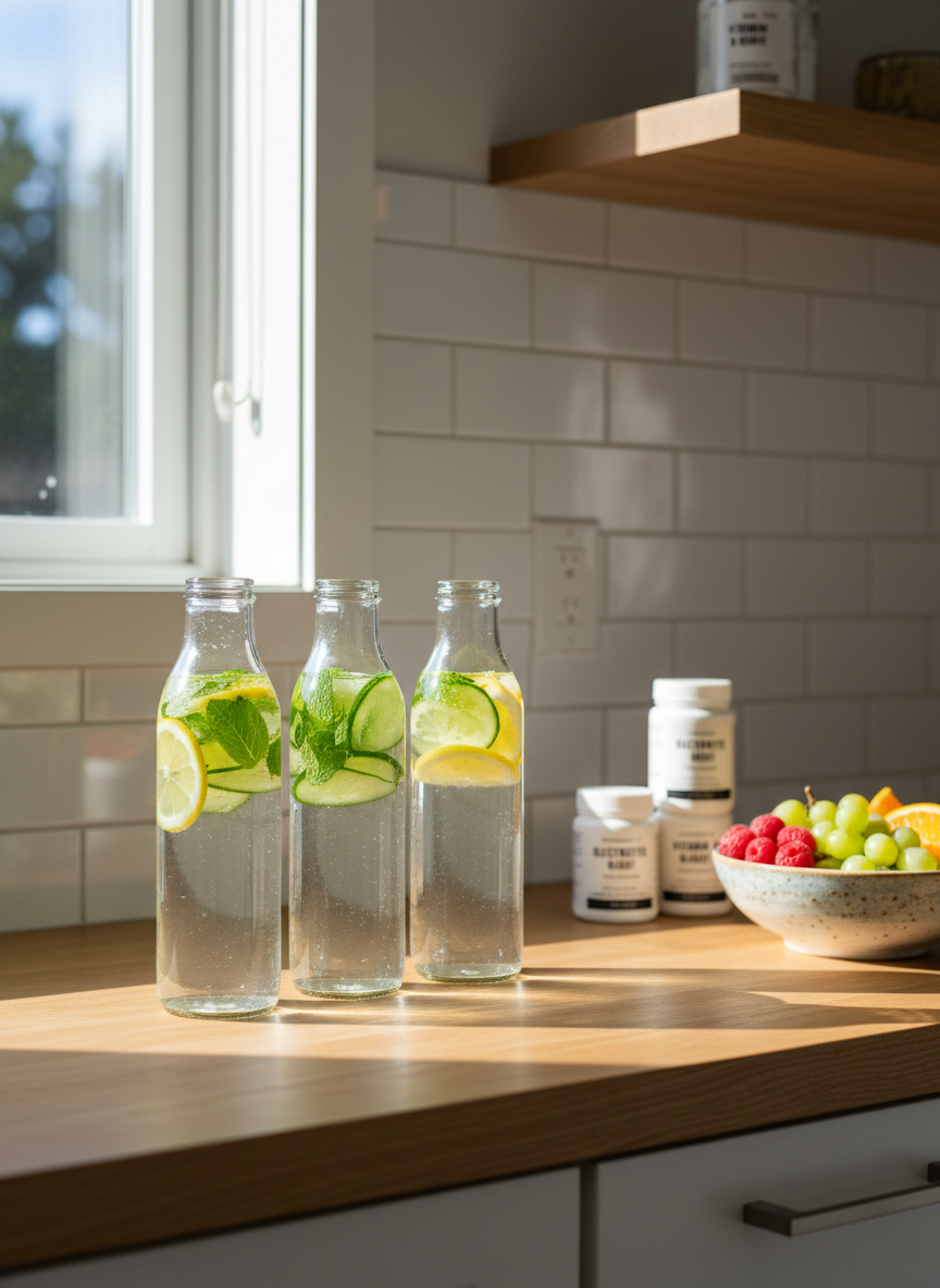 A bright, open kitchen counter featuring a neatly arranged wellness hydration station in photographic realism. At the center, a row of crystal-clear glass water bottles infused with slices of lemon, cucumber, and fresh mint rests on a smooth, pale oak surface. Behind them, a minimalist white tile backsplash reflects soft morning sunlight streaming through an unseen window, casting gentle highlights and subtle shadows. A small stack of neatly labeled supplement containers and a speckled ceramic bowl filled with colorful fruit sit nearby. Captured at eye level with a shallow depth of field, the foreground bottles are in sharp focus while the background softly blurs, creating a calm, inviting, and modern atmosphere that suggests daily family wellness rituals and superior hydration.