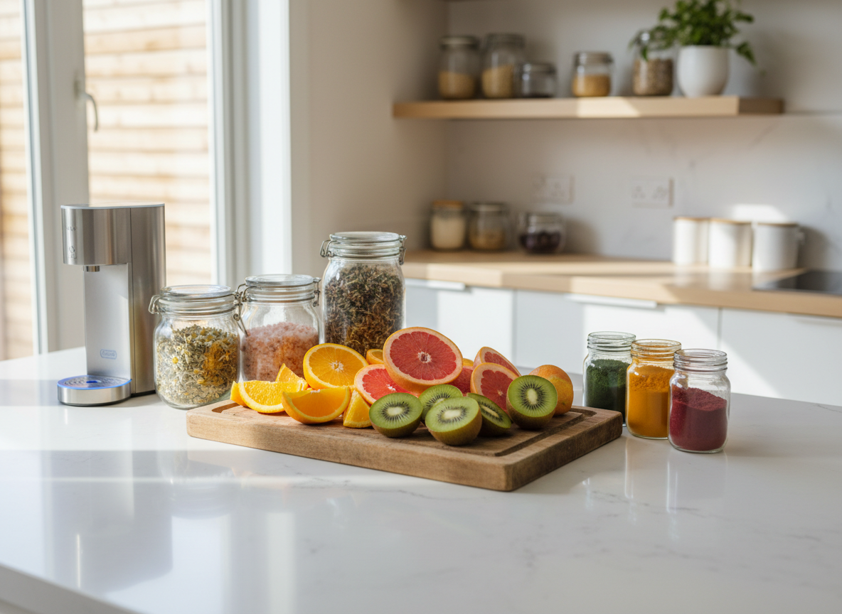 A bright family kitchen island transformed into a wellness prep station in photographic realism. At the center, a wooden cutting board displays freshly sliced fruits—vibrant oranges, ruby grapefruit, and green kiwi—surrounded by glass jars of herbal tea, mineral-rich salt, and superfood powders. A sleek filtered water dispenser with a subtle blue glow stands at the edge of the island, hinting at superior hydration. The white quartz countertop reflects late-morning natural light flooding in from large unseen windows, creating soft highlights and clean shadows. In the softly blurred background, open shelving with neatly arranged jars and plants adds depth. Shot from a slightly elevated three-quarter angle, the composition feels energetic yet orderly, conveying a thriving, wellness-focused home environment that supports both health and abundance.